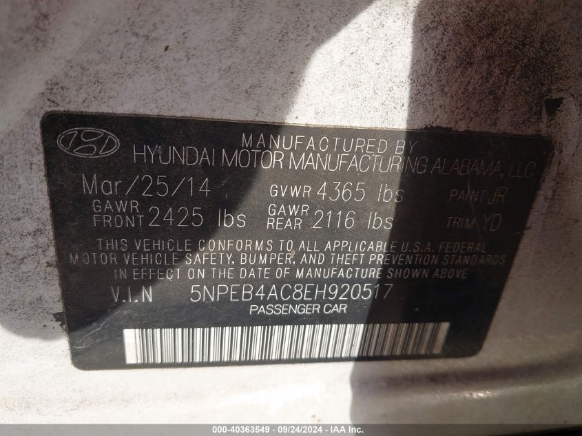 5NPEB4AC8EH920517 2014 Hyundai Sonata Gls