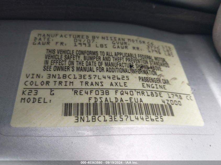 3N1BC13E57L442625 2007 Nissan Versa 1.8S