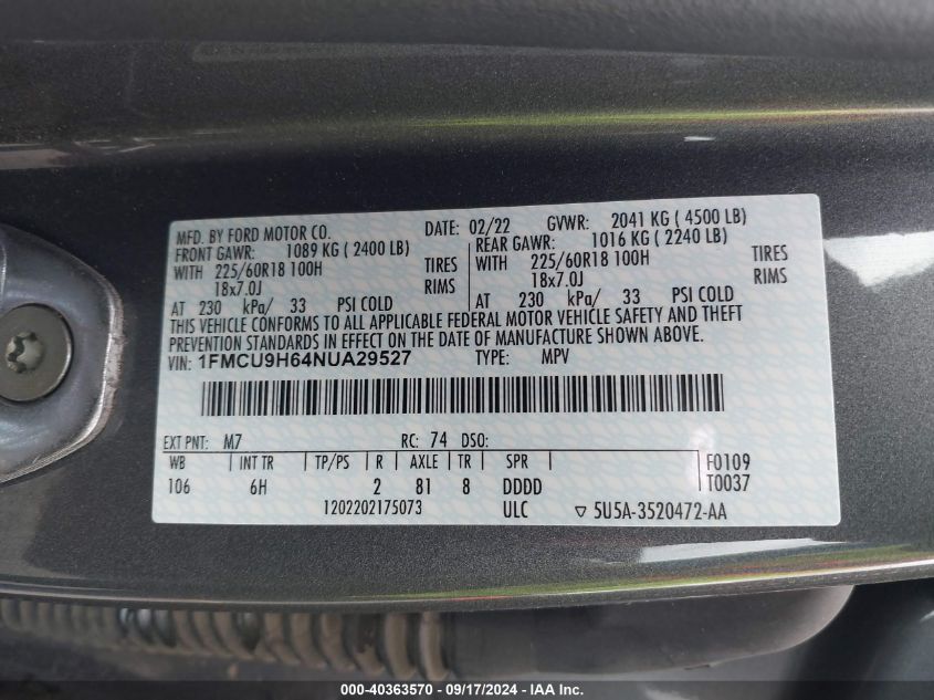 2022 Ford Escape Sel VIN: 1FMCU9H64NUA29527 Lot: 40363570