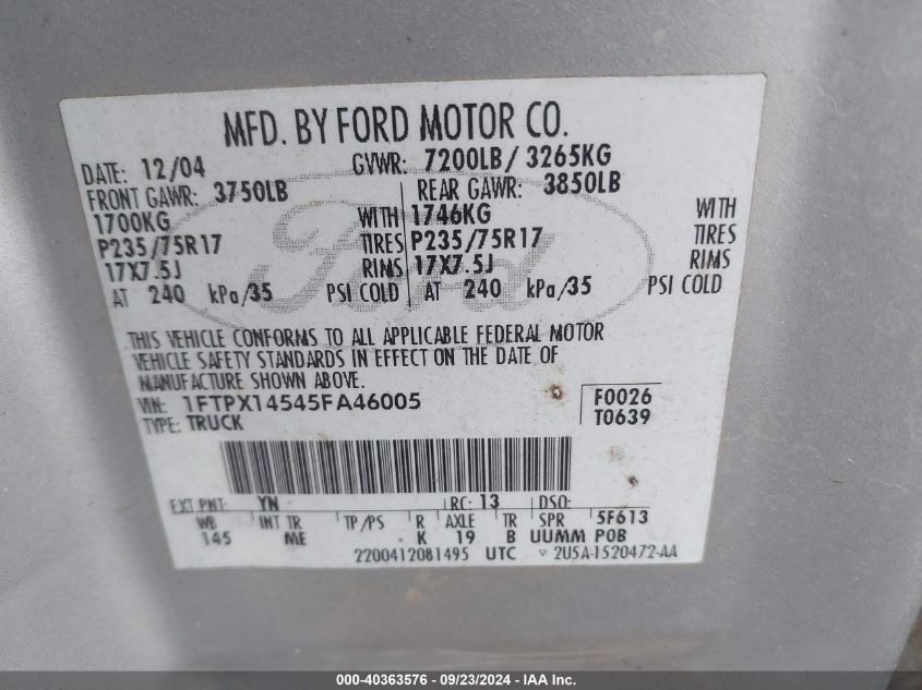 1FTPX14545FA46005 2005 Ford F-150 Fx4/Lariat/Xl/Xlt