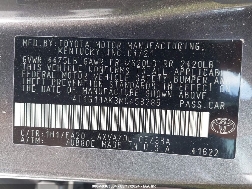 4T1G11AK3MU458286 2021 Toyota Camry Se