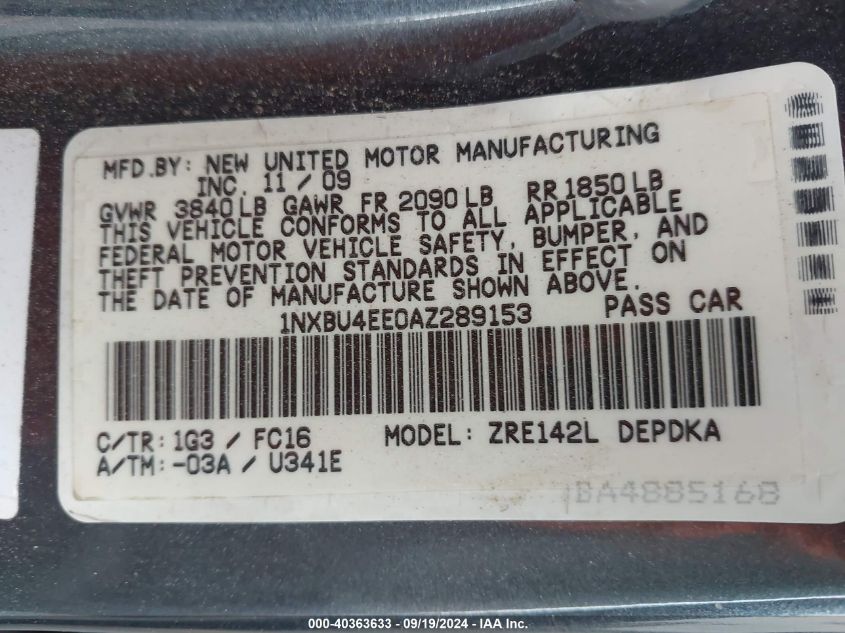 2010 Toyota Corolla Le VIN: 1NXBU4EE0AZ289153 Lot: 40363633