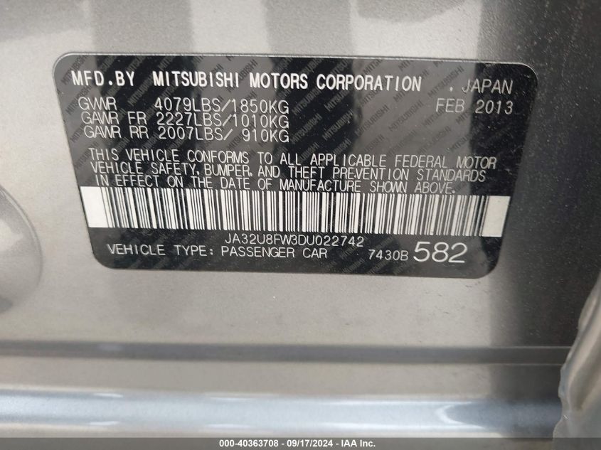 2013 Mitsubishi Lancer Gt VIN: JA32U8FW3DU022742 Lot: 40363708