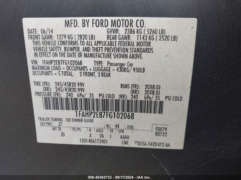 1FAHP2E87FG102068 2015 Ford Taurus Sel