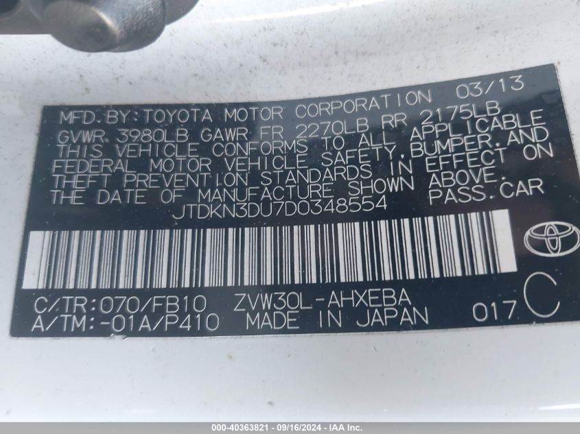 2013 Toyota Prius Two VIN: JTDKN3DU7D0348554 Lot: 40363821