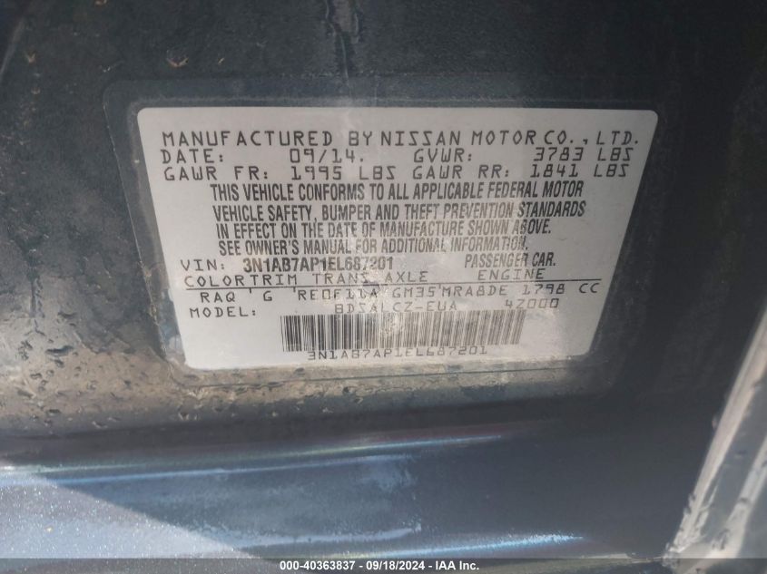 2014 Nissan Sentra S VIN: 3N1AB7AP1EL687201 Lot: 40363837