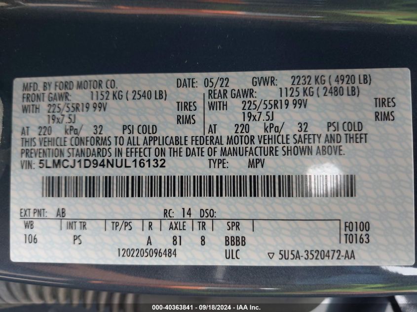 2022 Lincoln Corsair Standard VIN: 5LMCJ1D94NUL16132 Lot: 40363841