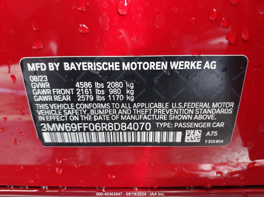 2024 BMW 3 Series 330I VIN: 3MW69FF06R8D84070 Lot: 40363847