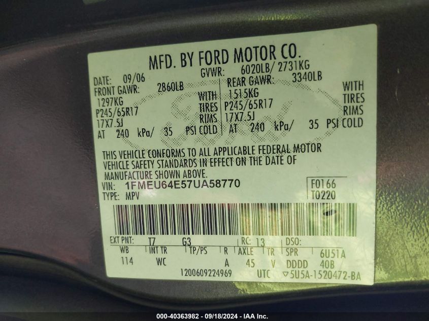 1FMEU64E57UA58770 2007 Ford Explorer Eddie Bauer