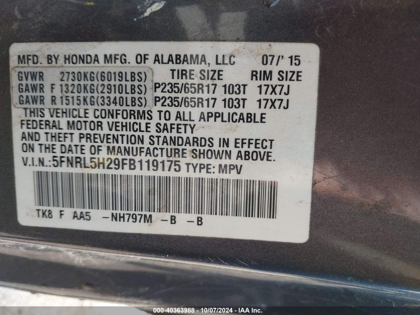 2015 Honda Odyssey Lx VIN: 5FNRL5H29FB119175 Lot: 40363988