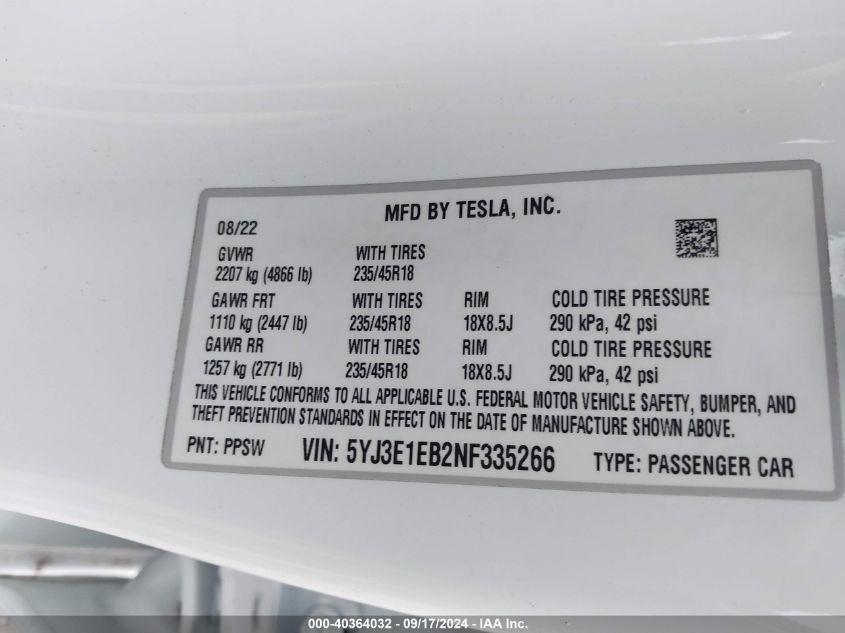 2022 Tesla Model 3 VIN: 5YJ3E1EB2NF335266 Lot: 40364032