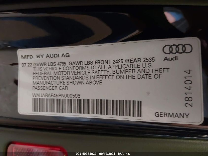 2023 Audi A4 Premium 40 Tfsi Quattro S Tronic VIN: WAUABAF45PN000598 Lot: 40364033