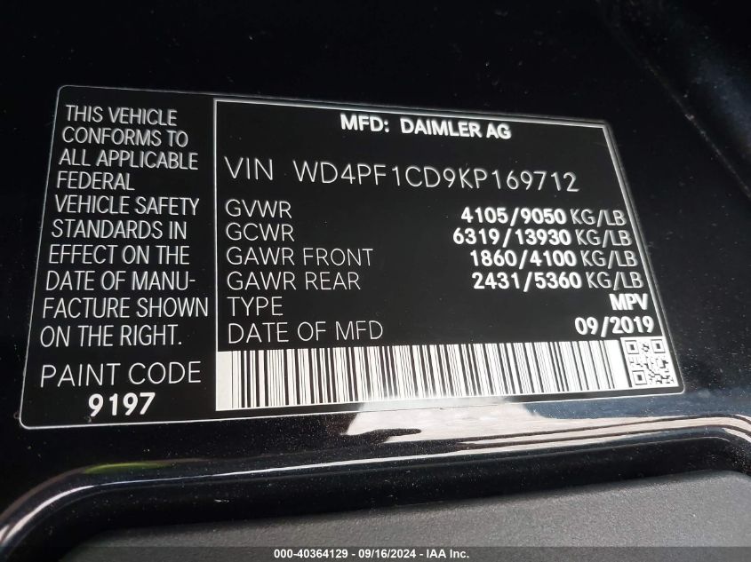 WD4PF1CD9KP169712 2019 Mercedes-Benz Sprinter 2500 High Roof V6