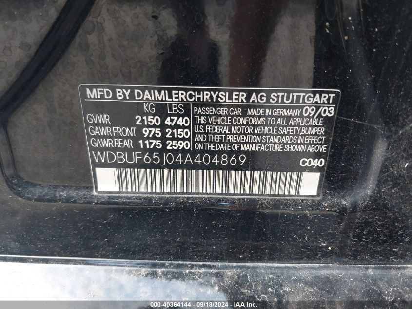 WDBUF65J04A404869 2004 Mercedes-Benz E 320