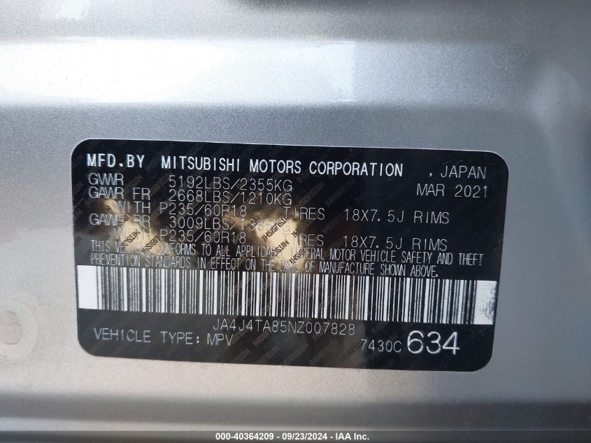 2022 Mitsubishi Outlander Es 2.5 S-Awc VIN: JA4J4TA85NZ007828 Lot: 40364209