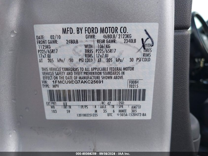 1FMCU9EG7AKC25691 2010 Ford Escape Limited