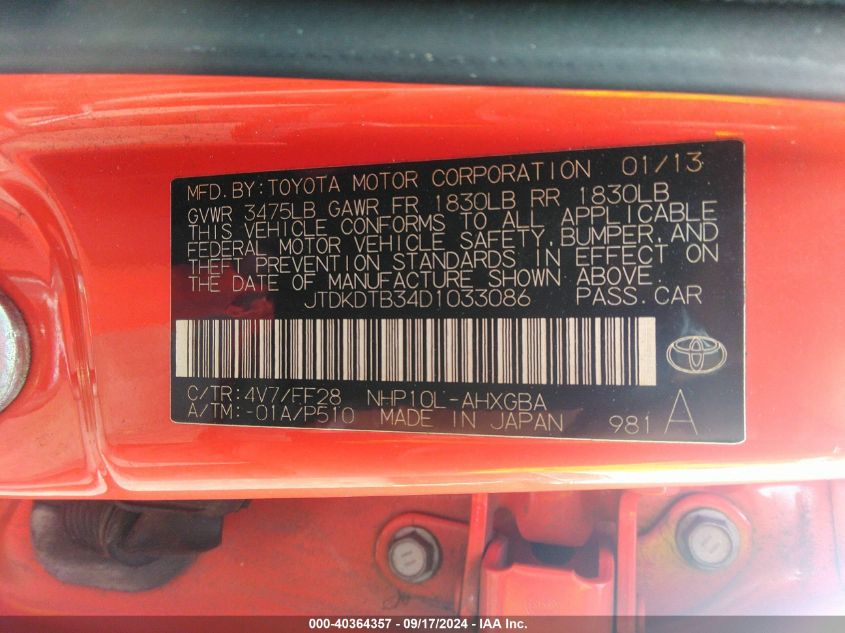 JTDKDTB34D1033086 2013 Toyota Prius C Three