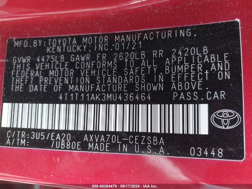 4T1T11AK3MU436464 2021 Toyota Camry Se