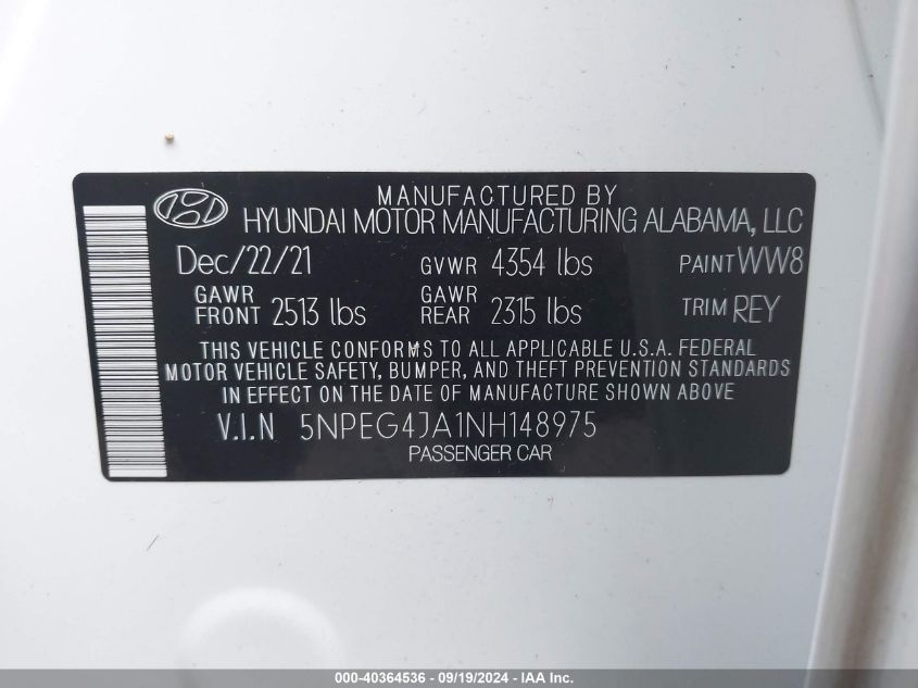 2022 Hyundai Sonata Se VIN: 5NPEG4JA1NH148975 Lot: 40364536