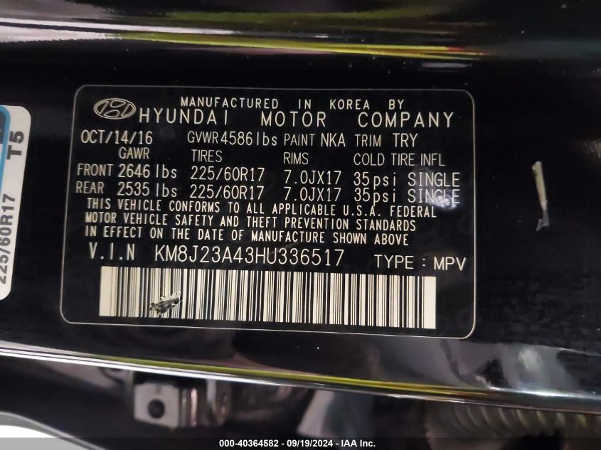 KM8J23A43HU336517 2017 Hyundai Tucson Se