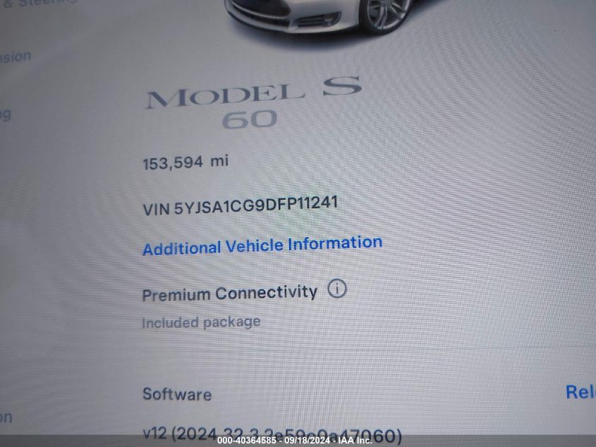 2013 Tesla Model S VIN: 5YJSA1CG9DFP11241 Lot: 40364585