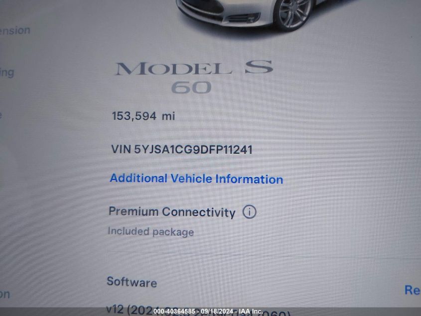 2013 Tesla Model S VIN: 5YJSA1CG9DFP11241 Lot: 40364585