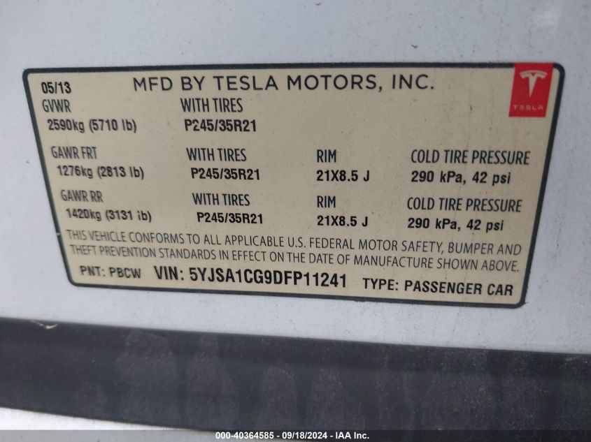 2013 Tesla Model S VIN: 5YJSA1CG9DFP11241 Lot: 40364585