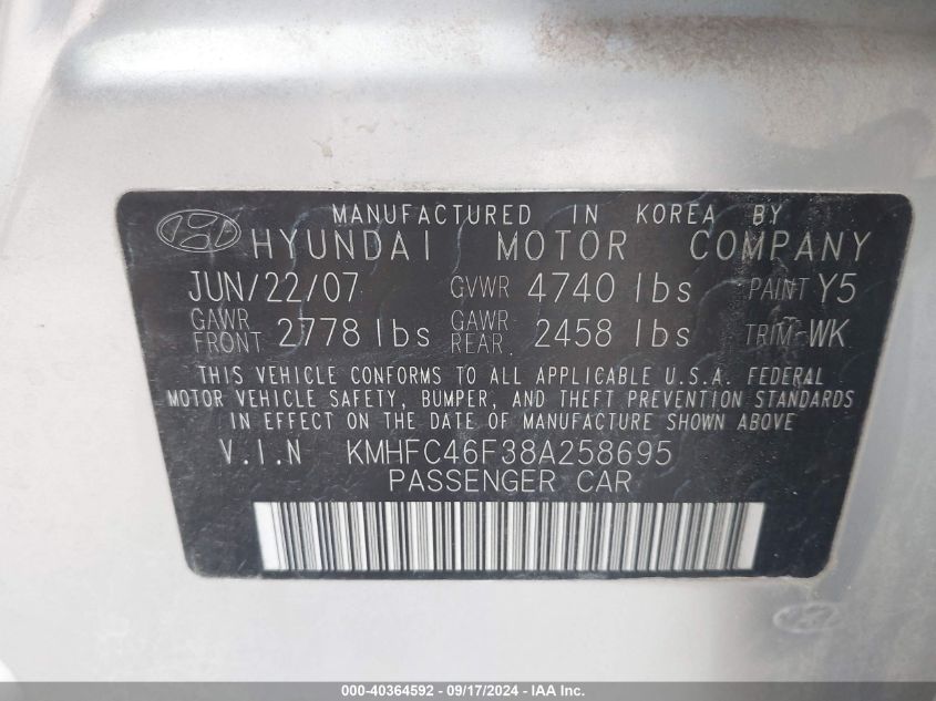 KMHFC46F38A258695 2008 Hyundai Azera Limited