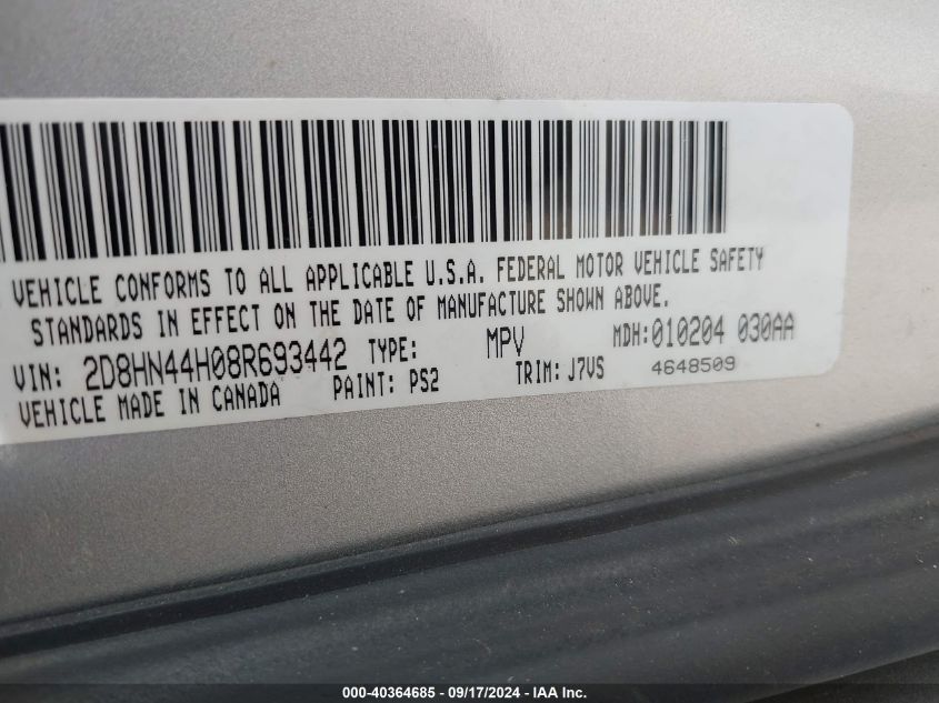 2008 Dodge Grand Caravan Se VIN: 2D8HN44H08R693442 Lot: 40364685