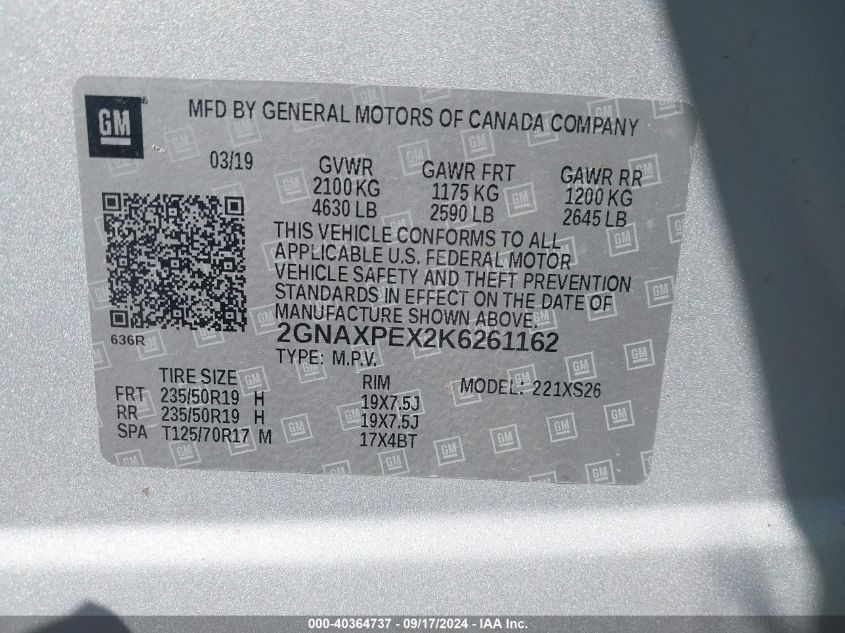 2GNAXPEX2K6261162 2019 Chevrolet Equinox Premier