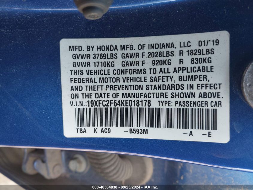 19XFC2F64KE018178 2019 Honda Civic Lx