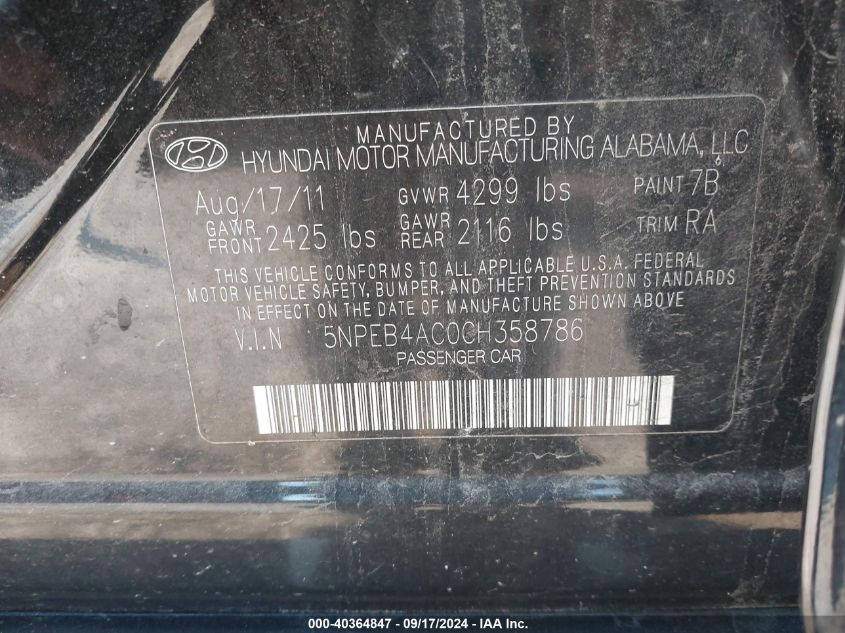 5NPEB4AC0CH358786 2012 Hyundai Sonata Gls