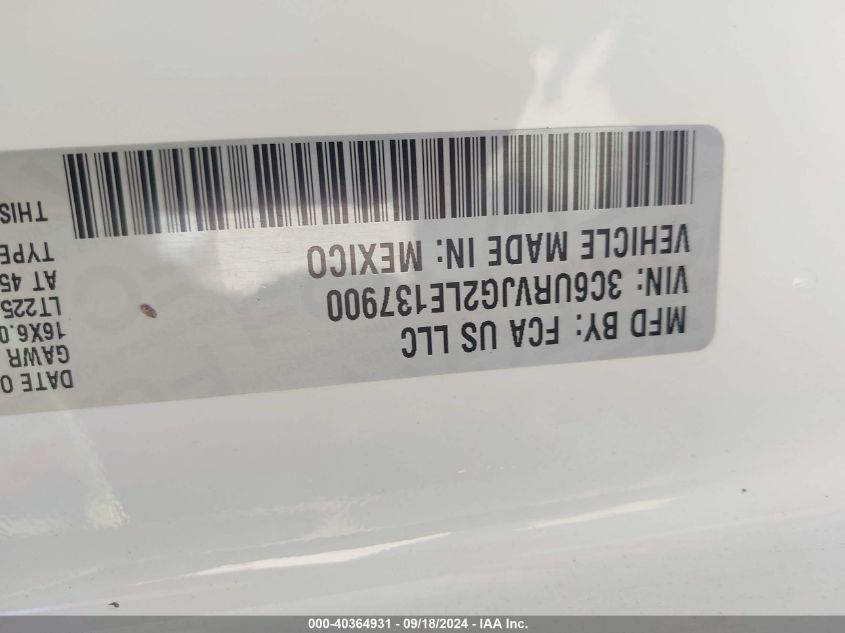 2020 Ram Promaster 3500 3500 High VIN: 3C6URVJG2LE137900 Lot: 40364931