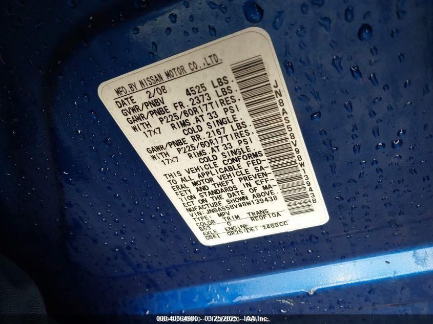 2008 Nissan Rogue Sl VIN: JN8AS58V98W139438 Lot: 40364980