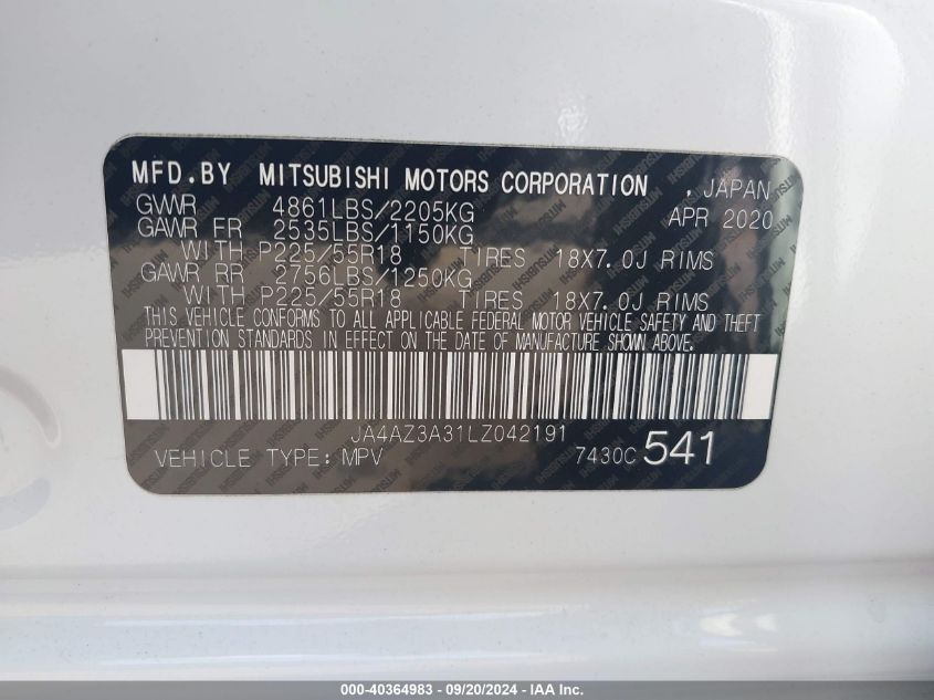 2020 Mitsubishi Outlander Se 2.4 S-Awc VIN: JA4AZ3A31LZ042191 Lot: 40364983