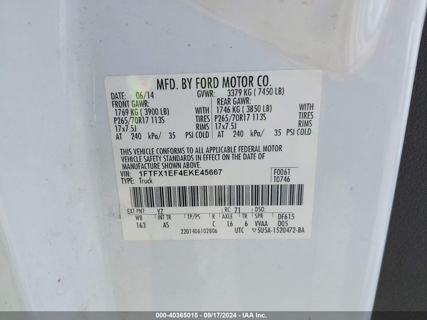 2014 FORD F-150 VIN: 1FTFX1EF4EKE45667
