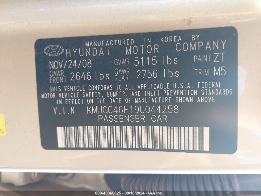 KMHGC46F19U04425 2009 Hyundai Genesis 4.6L