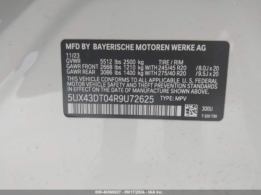 5UX43DT04R9U72625 2024 BMW X4 M40I