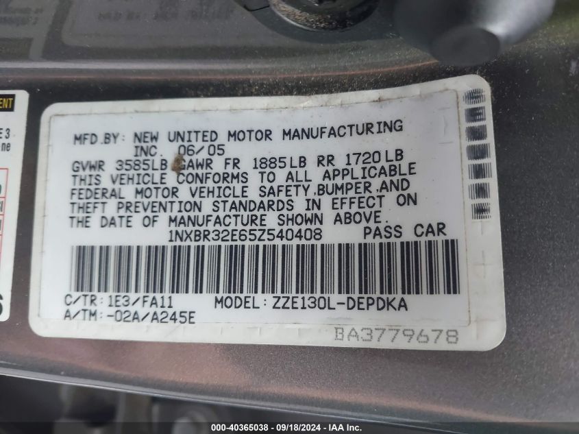 2005 Toyota Corolla Ce VIN: 1NXBR32E65Z540408 Lot: 40365038