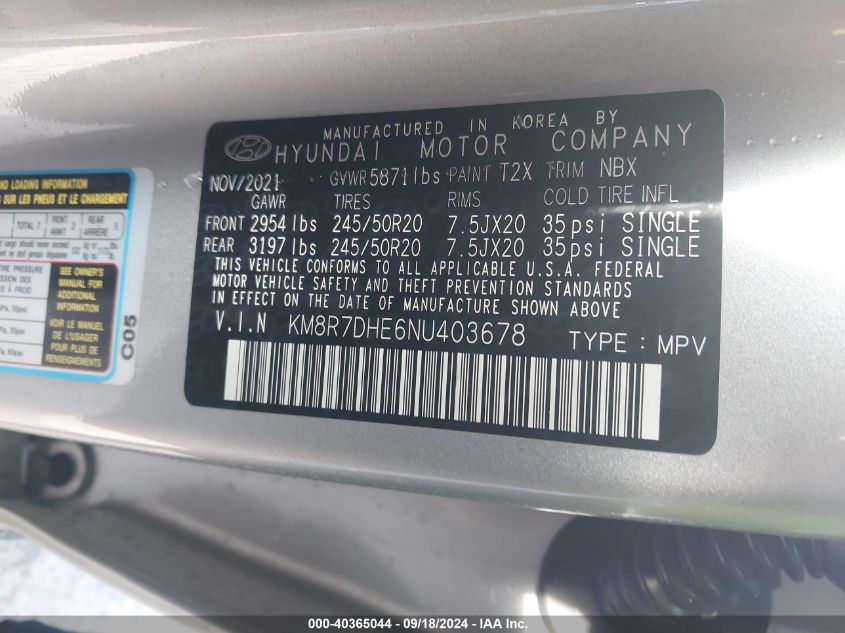 2022 Hyundai Palisade Calligraphy VIN: KM8R7DHE6NU403678 Lot: 40365044