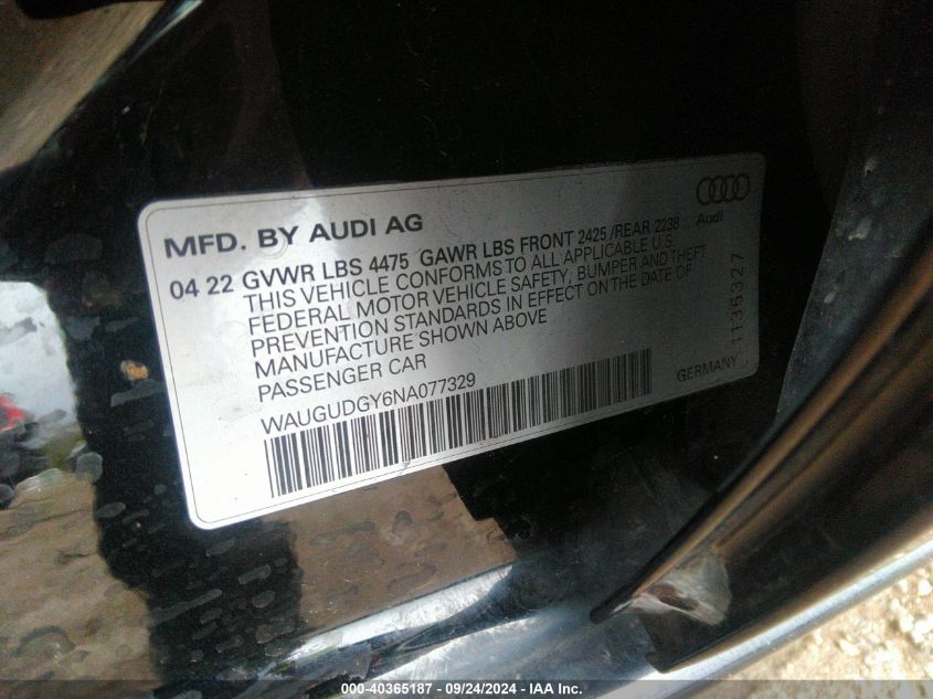 WAUGUDGY6NA077329 2022 Audi A3 Premium