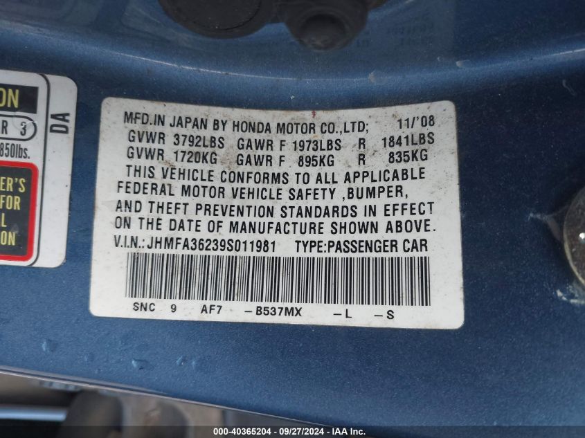 JHMFA36239S011981 2009 Honda Civic Hybrid