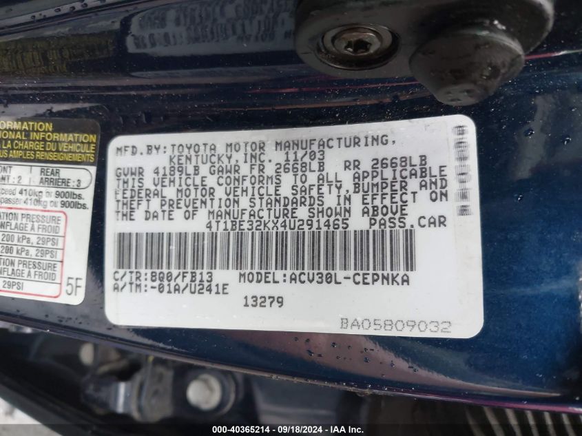 4T1BE32KX4U291465 2004 Toyota Camry Le