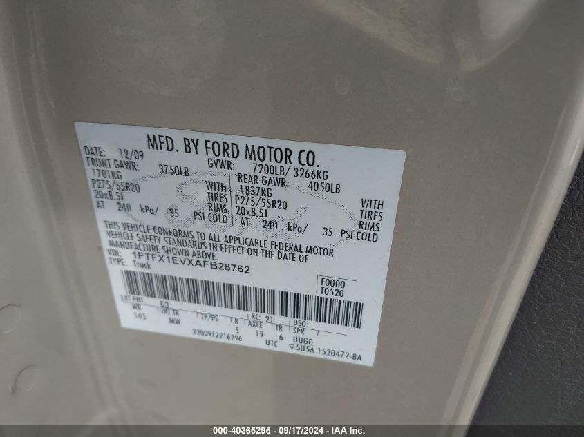 2010 Ford F-150 Fx4/Lariat/Xl/Xlt VIN: 1FTFX1EVXAFB28762 Lot: 40365295