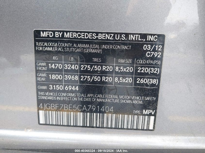 4JGBF7BE5CA791404 2012 Mercedes-Benz Gl 450 450 4Matic