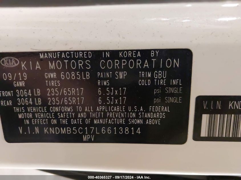 KNDMB5C17L6613814 2020 Kia Sedona Lx