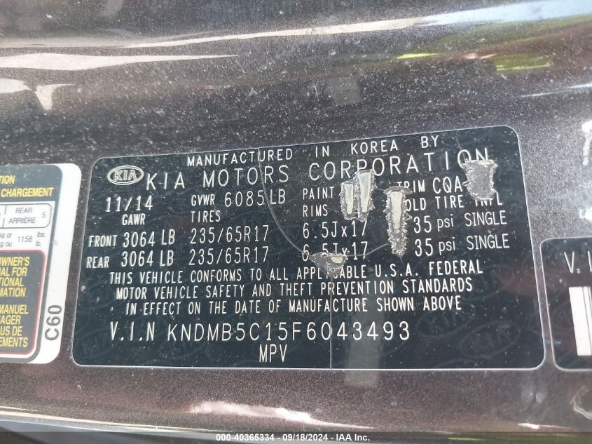 KNDMB5C15F6043493 2015 Kia Sedona Lx