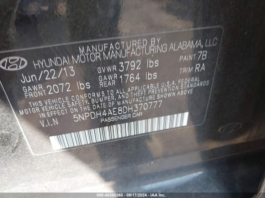 5NPDH4AE8DH370777 2013 Hyundai Elantra Limited