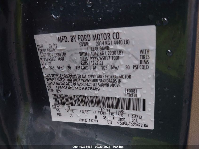 1FMCU0E74CKB75489 2012 Ford Escape Limited