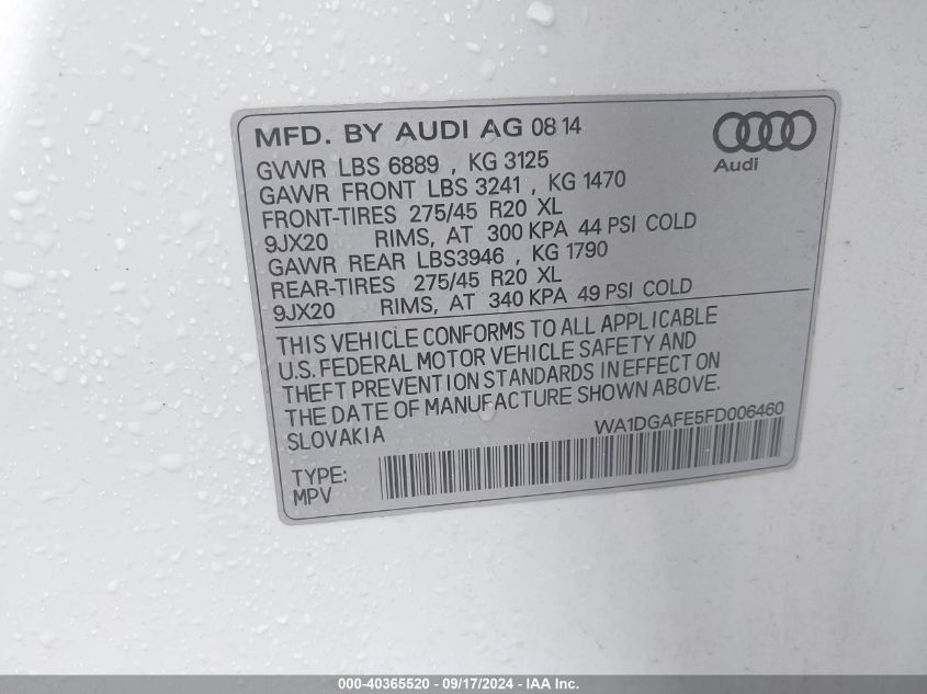 2015 Audi Q7 3.0T S Line Prestige VIN: WA1DGAFE5FD006460 Lot: 40365520